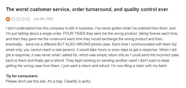 CASETiFY buyer complaining that CASETiFY has the worst customer service