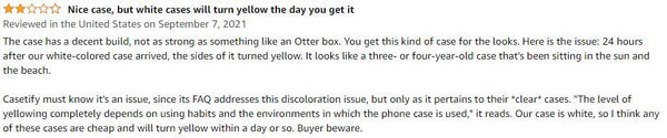 Customer complaining about their white case turning yellow