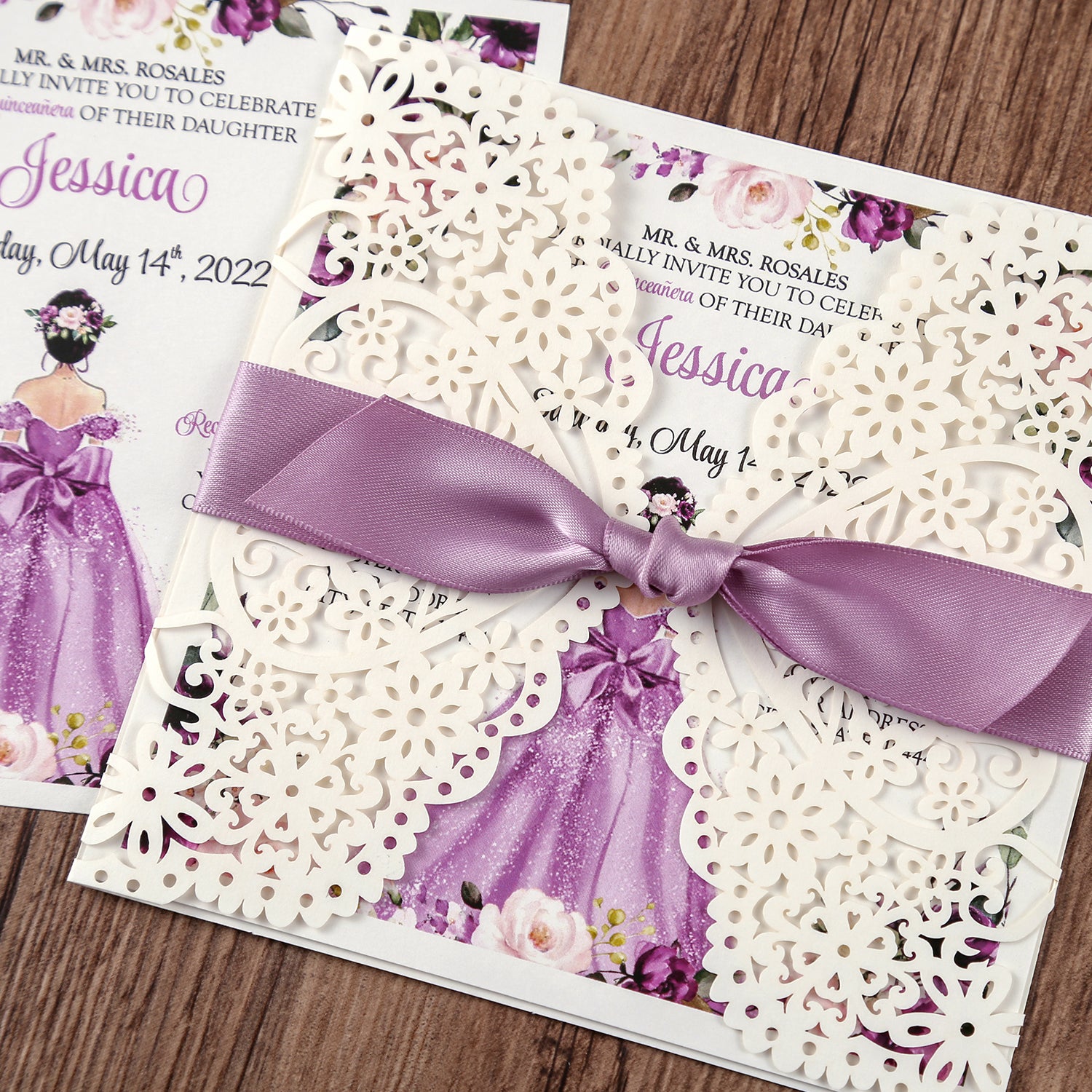 Square Invitations Cards With Purple Ribbon For Quinceanera - DorisHome