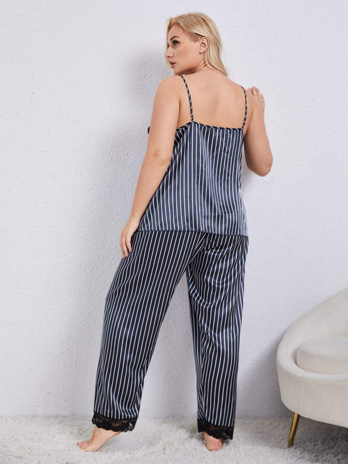 Plus Size Lace Trim Slit Cami and Pants Pajama Set – Flyclothing LLC