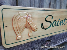 Load image into Gallery viewer, custom wood carved 3d wooden horse stall name plate