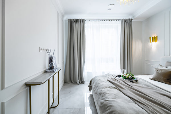 bedroom with gray curtains