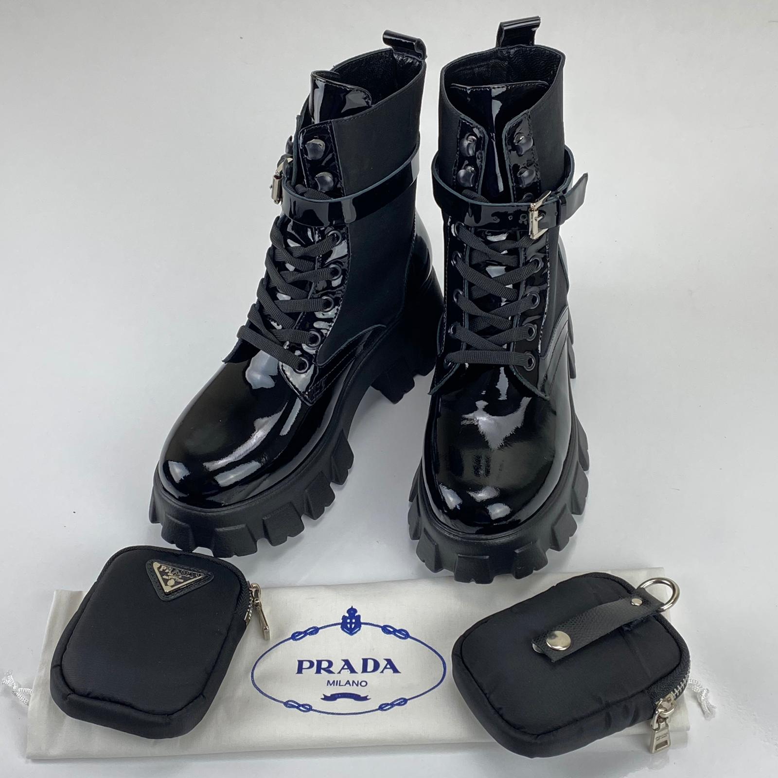 Prada Ankle Pouch Combat Boots - Patent 