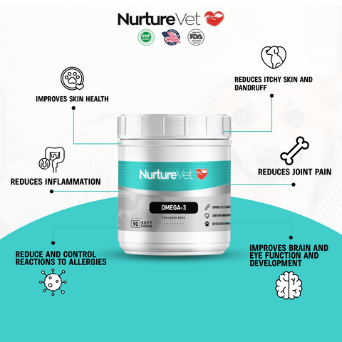 NurtureVet’s Omega-3 supplements promote a shiny coat, nourished skin, and a healthy nervous system.