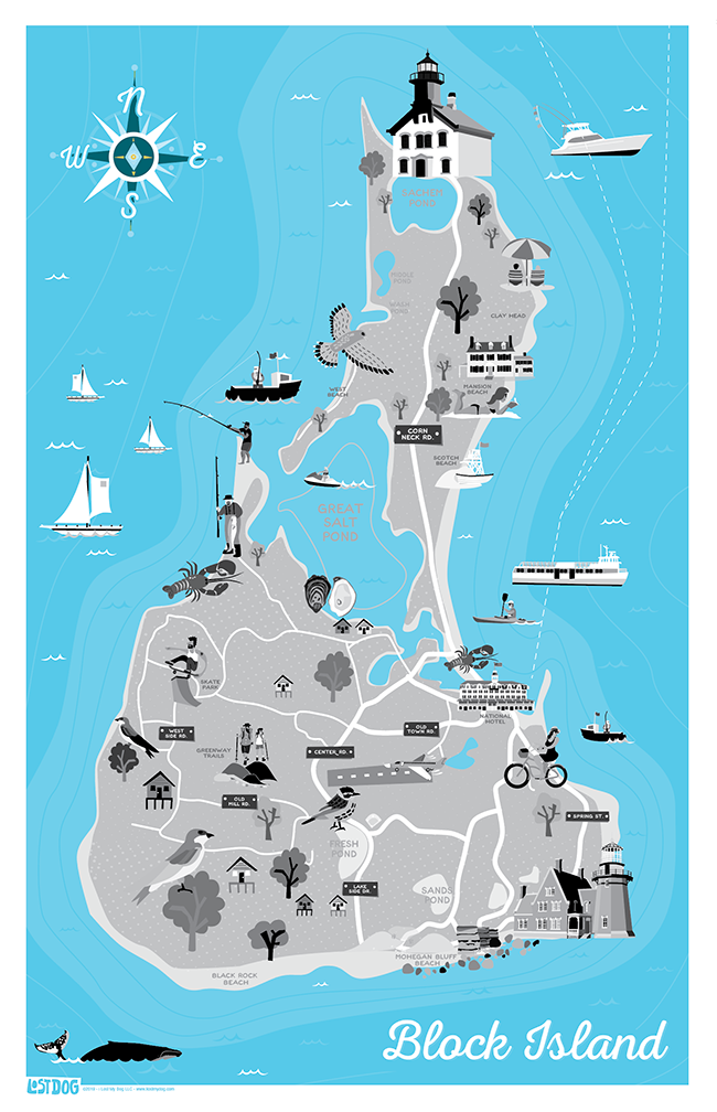 Block Island Illustrated Map LOST DOG Art & Frame