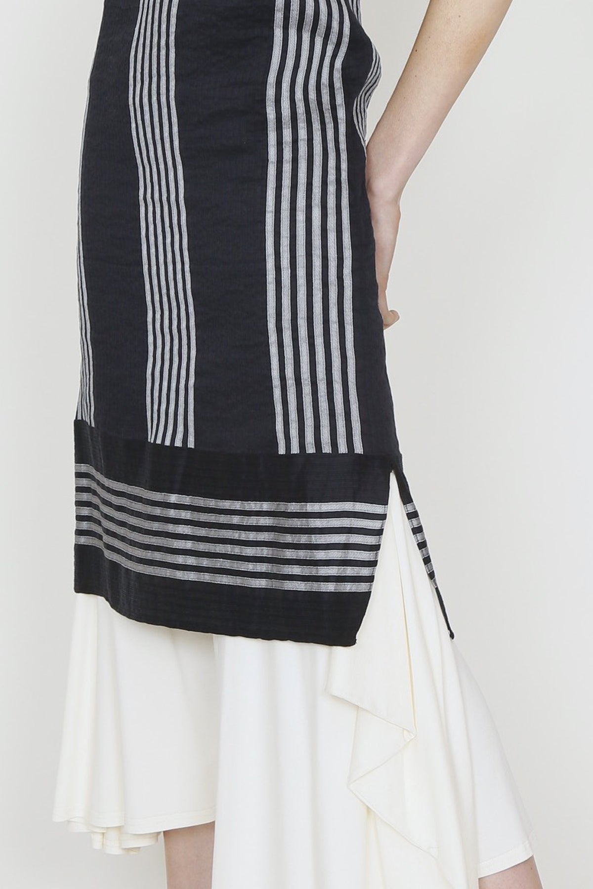 White and Navy Linen and Silk Blend Striped Fitted Sun Dress with Side Slits