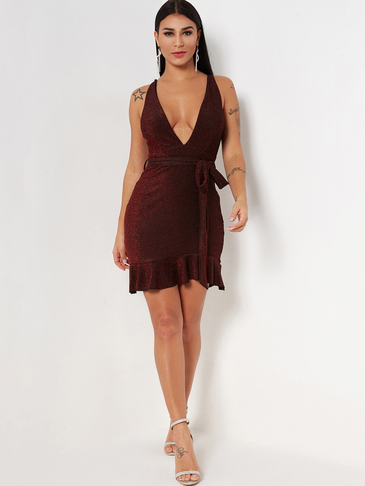 Burgundy V-Neck Dresses