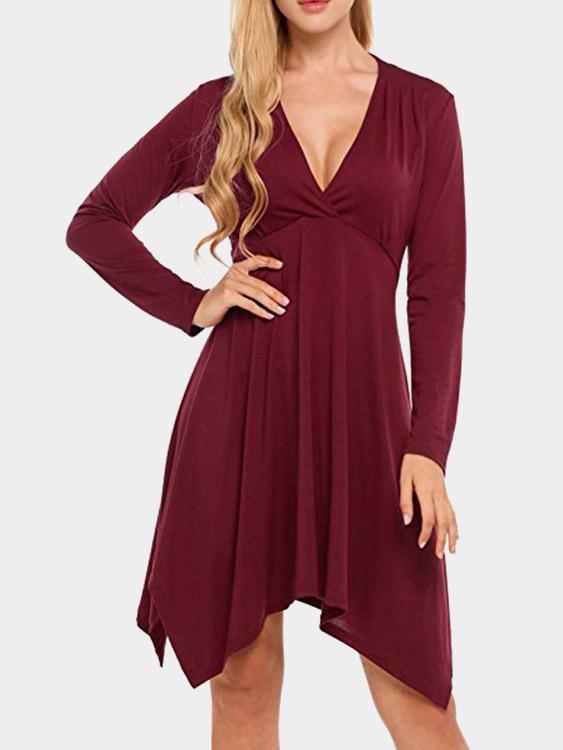 Burgundy V-Neck Dresses