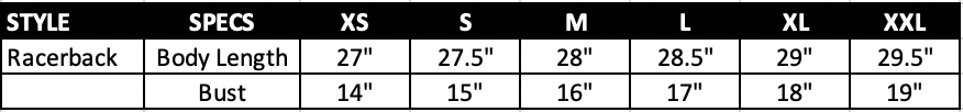 Women's Racerback Sizing Chart