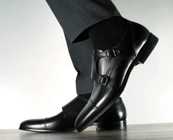 black cap toe monk strap shoes grey suit
