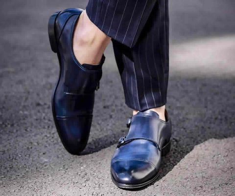 blue cap toe monk strap shoes navy blue suit