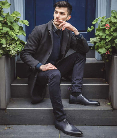 Grey wholecut oxford shoes with grey outfit