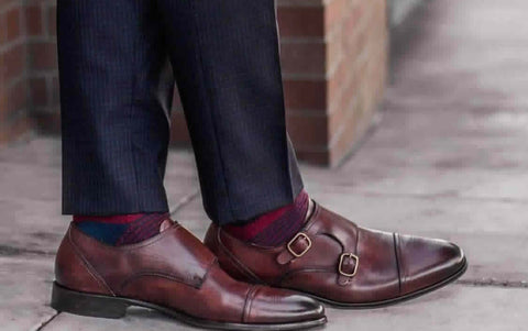 brown cap toe monk strap shoes blue suit