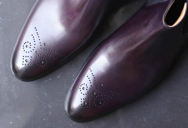 Brogue punch toe design chelsea boot in aubergine/eggplant