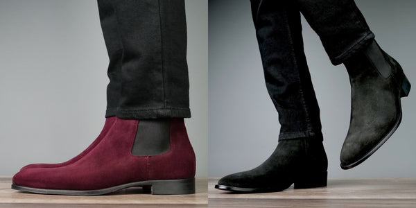 Burgundy Suede and Black Suede Chelsea Boots