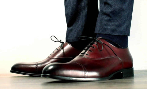 oxblood cap toe oxford shoes navy blue suit