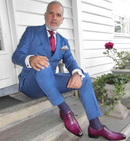 Plum shoes with light blue suit