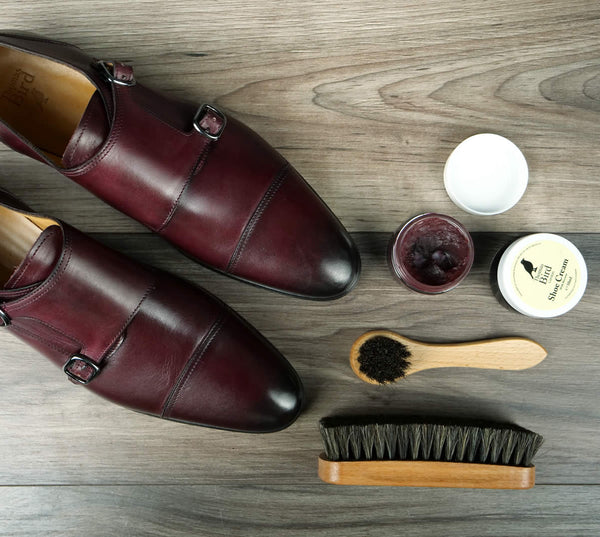 Thomas Bird Shores Oxblood Double Buckle Monk Straps with shoe cream and brushes
