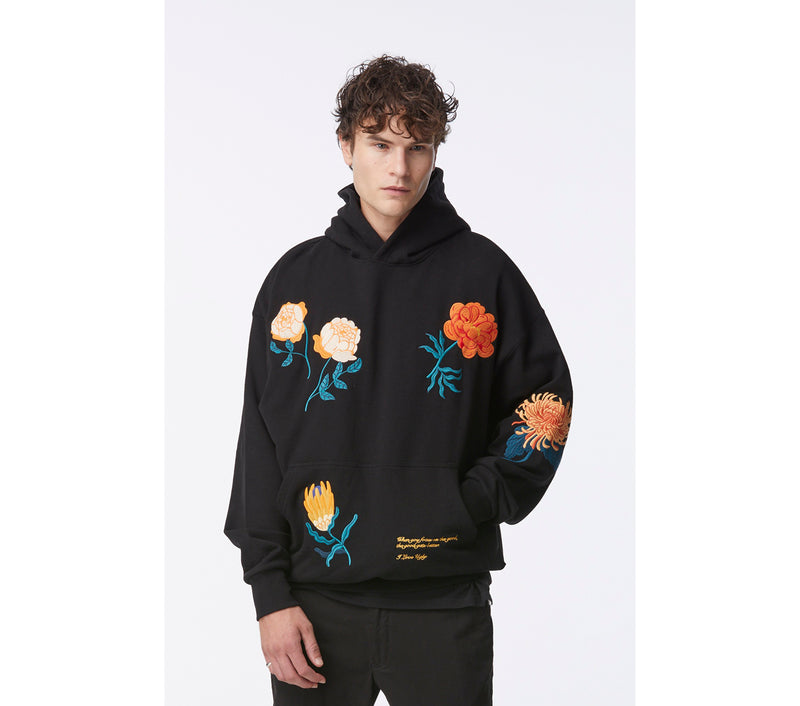 Floral Embroidery Box Hood - Black
