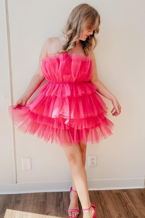 Hot Pink Tulle Strapless A-Line Short Gown with Appliques – Modsele