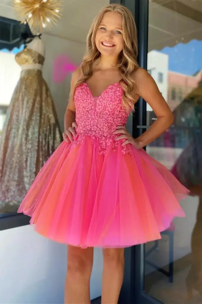 Hot Pink Spaghetti Straps Homecoming Dress Applique A-line