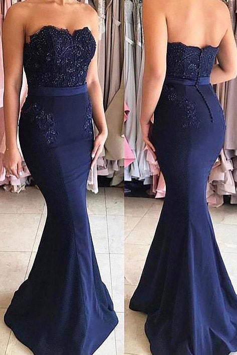 Strapless Mermaid Appliques Navy Blue Long Prom Dress Fancyvestido 