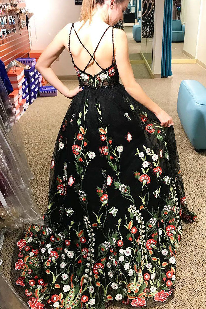 black prom dress with embroidered flowers
