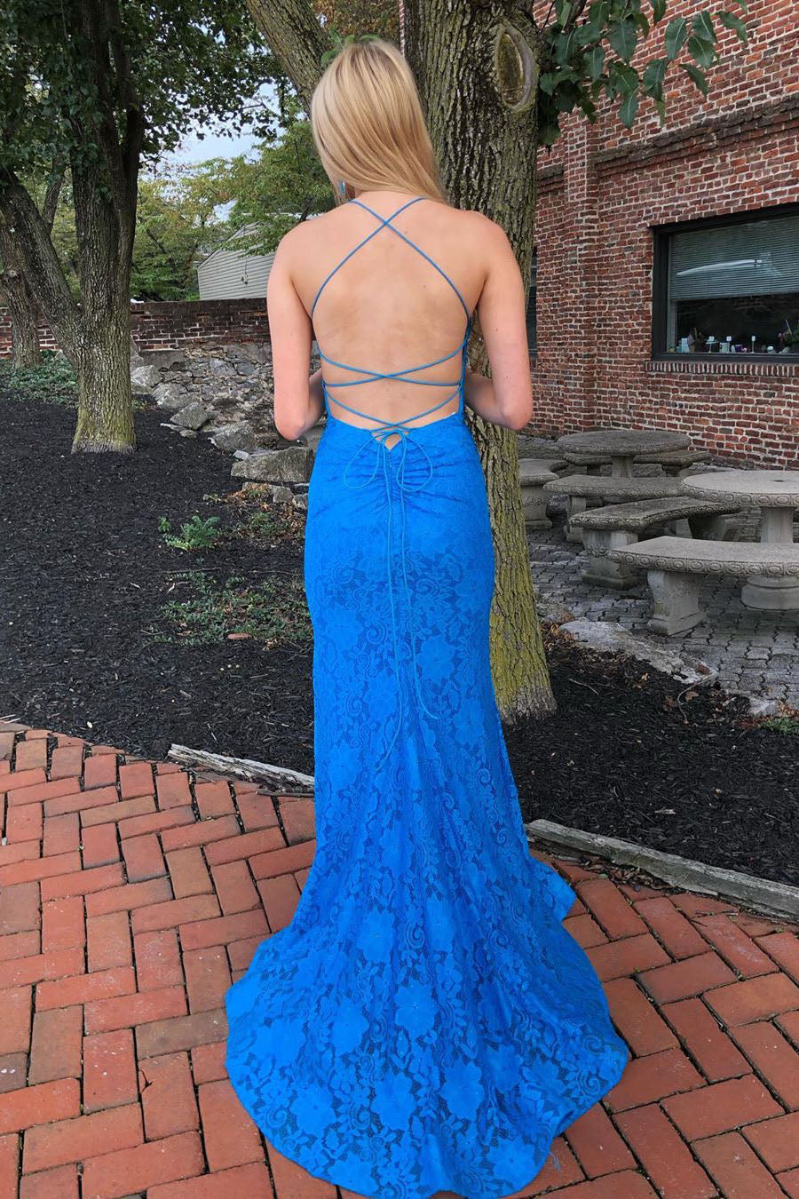 Elegant Spaghetti Straps Open Back Mermaid Blue Long Prom Dress ...