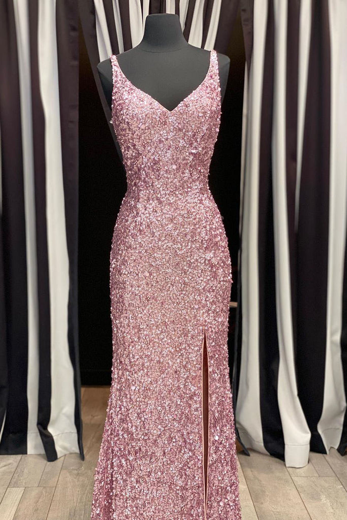 Gorgeous Mermaid V-Neck Pearl Pink Long Prom Dress with Slit – FancyVestido