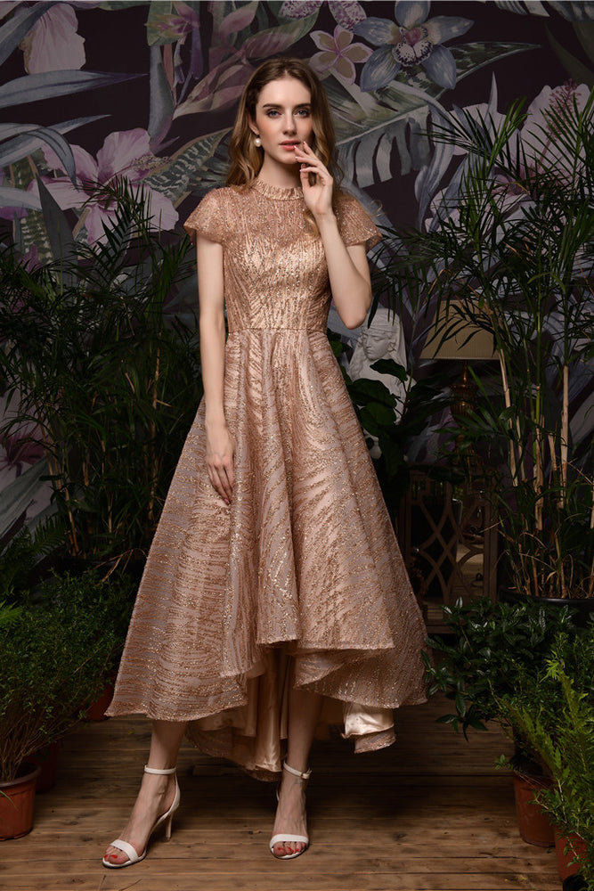 rose gold gowns with sleeves