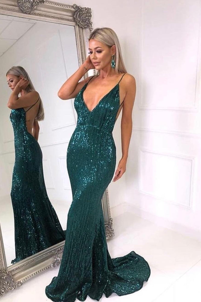 Sparkly V Neck Backless Mermaid Teal Sequin Long Prom Dress Fancyvestido 