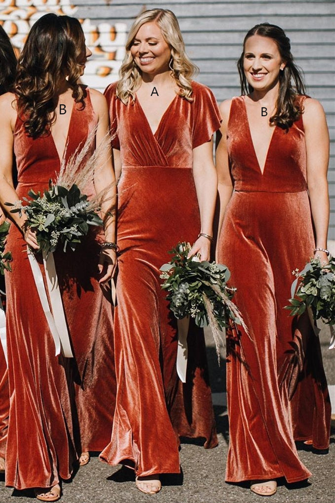 copper velvet bridesmaid dresses