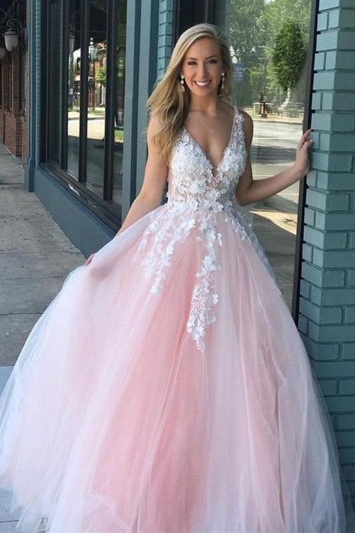 pink and white lace prom dress