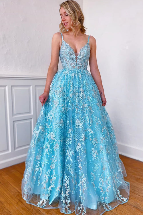 A Line V Neck Light Blue Lace Floral Long Prom Dress, Light Blue Lace –  abcprom