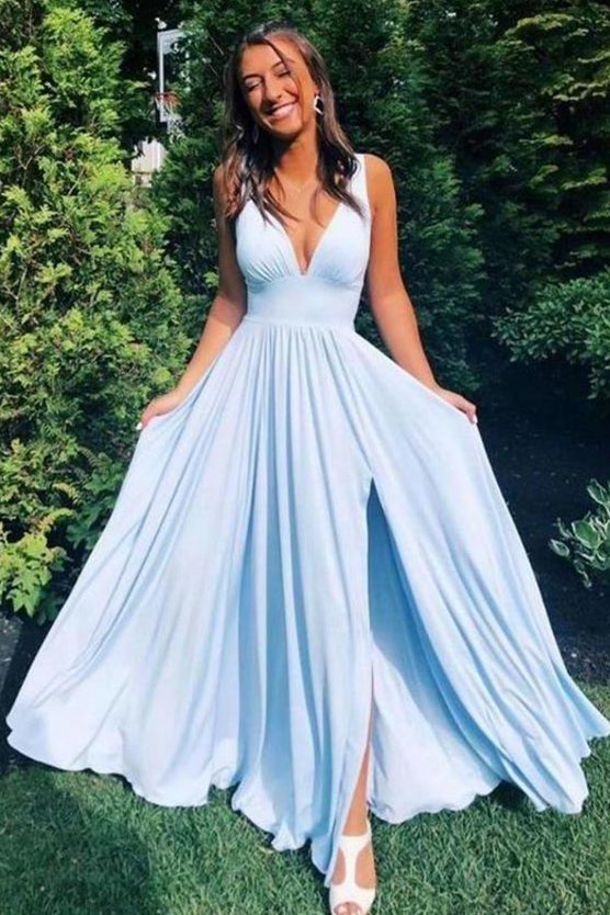 A-line Deep V-Neck Light Sky Blue Long Prom Dress with Slit – FancyVestido