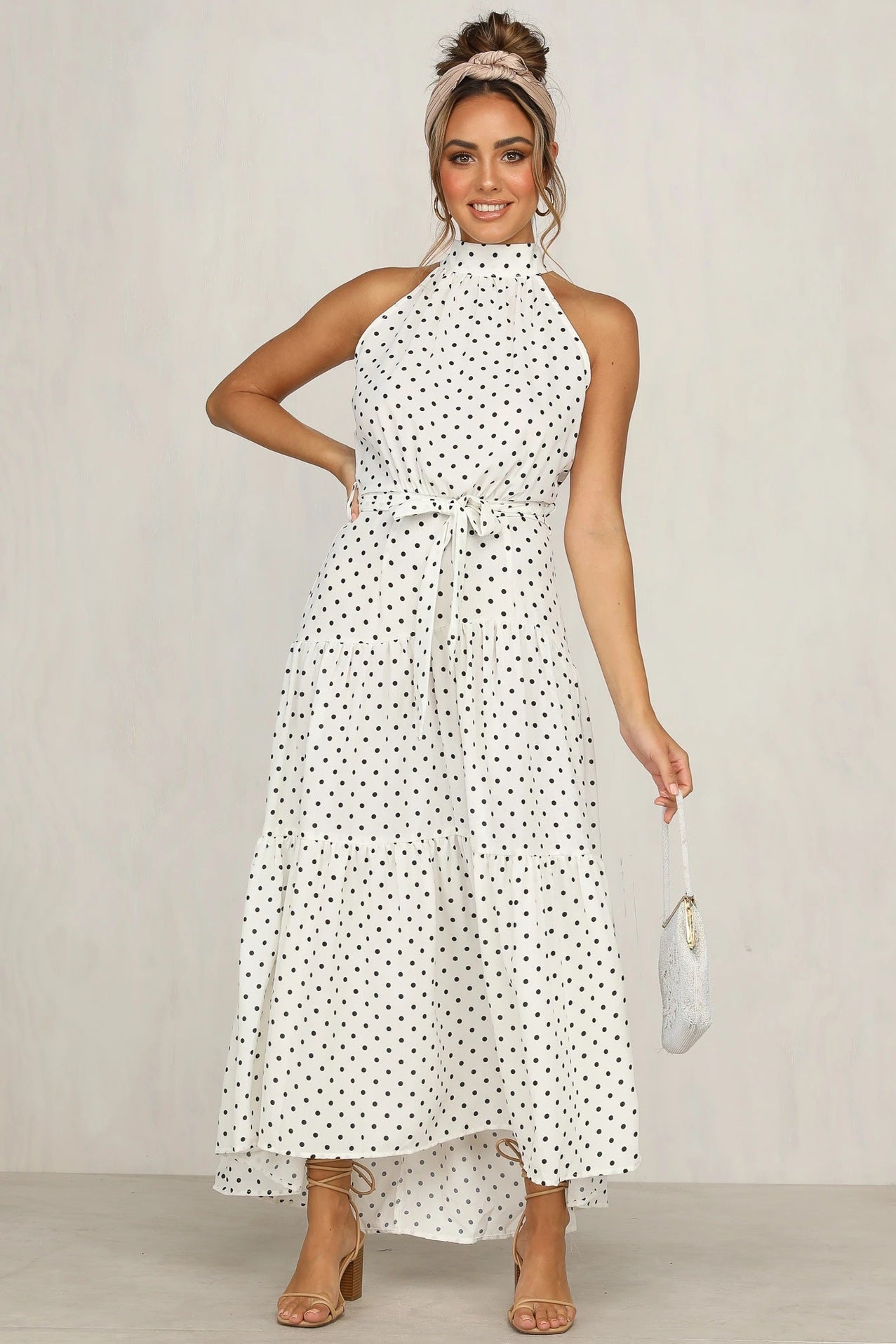 High Neck Polka Dot Long White Summer Dress Fancyvestido 