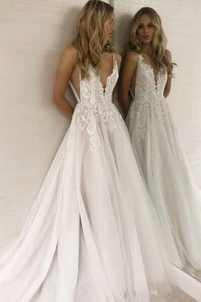 A Line Deep V Neck Open Back White Long Prom Wedding Dresses, Long