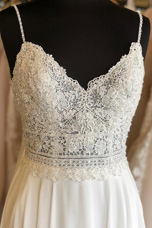 Boho Long Spaghetti Strap A-line Ivory Wedding Dress with Lace ...