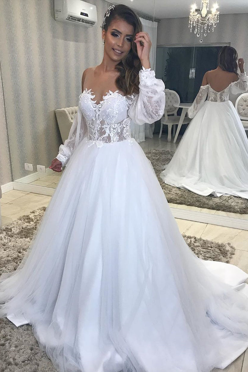 Long A-line Off-the-Shoulder White Wedding Dress with Lace – FancyVestido