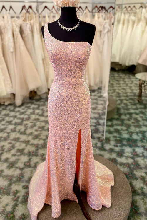 One Shoulder Pink Corset Sequin Tiered Long Formal Dress