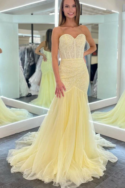 Yellow Ruffle Straps 3D Flower Mermaid Long Prom Dress – FancyVestido