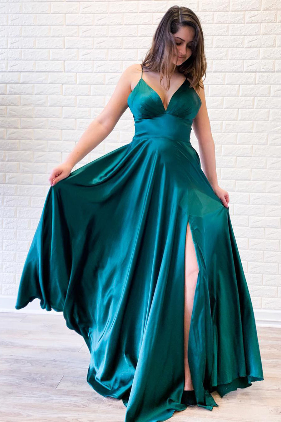 teal satin prom dress