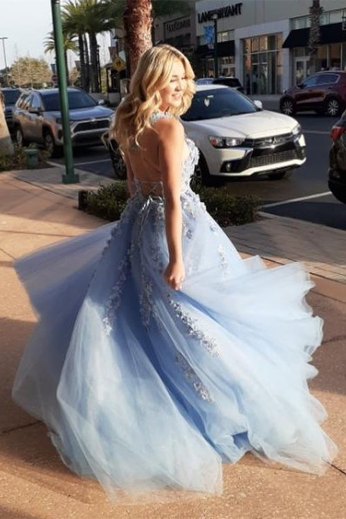 Sky Blue Lace Appliqued Satin and Tulle Prom Dress - VQ