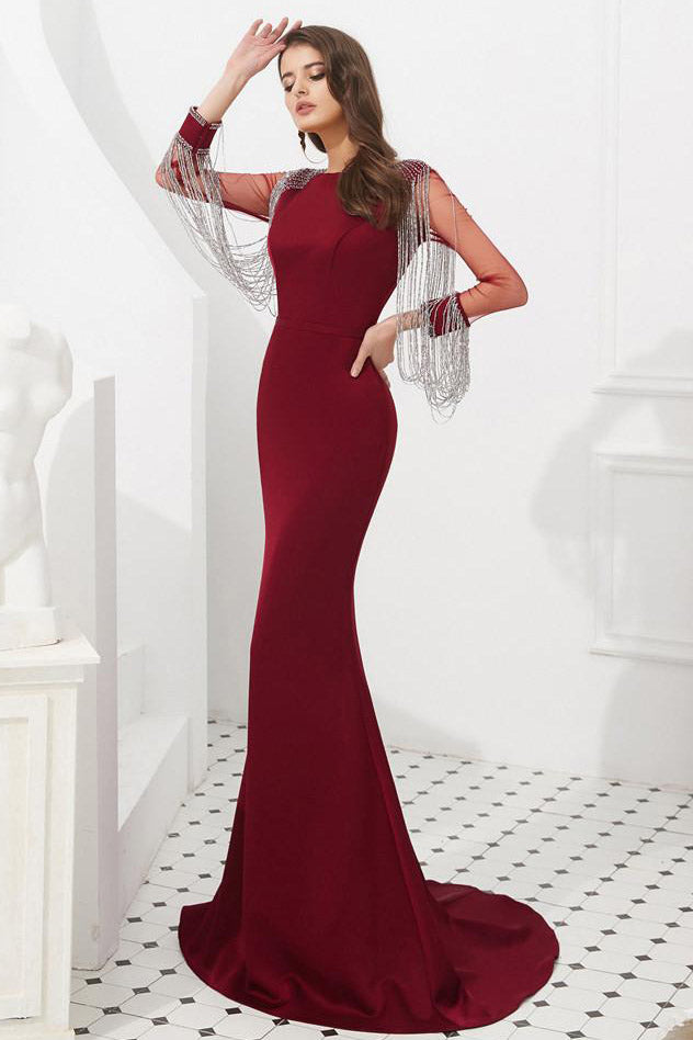 Mermaid Burgundy Long Sleeves Long Prom Dress with Tassel – FancyVestido