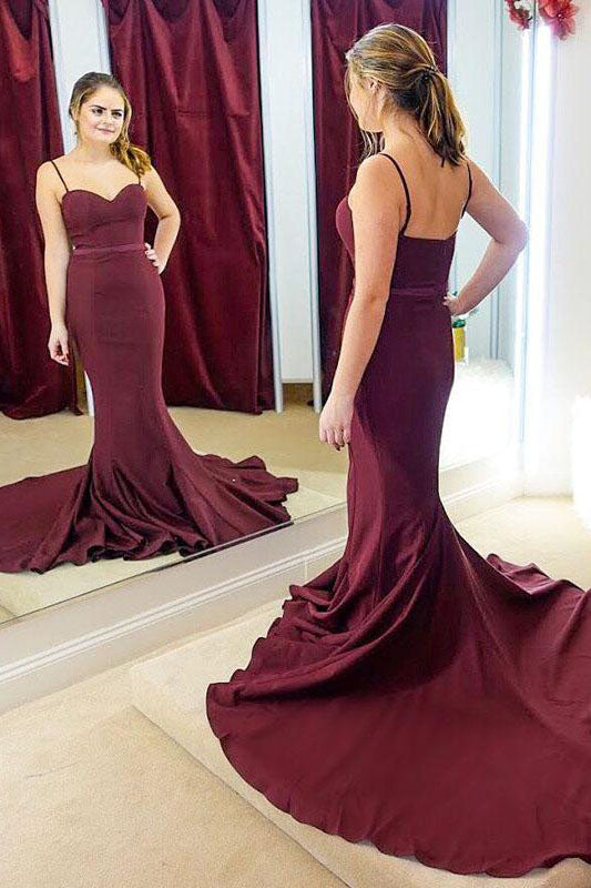 Mermaid Spaghetti Straps Burgundy Long Bridesmaid Dress Fancyvestido 4353