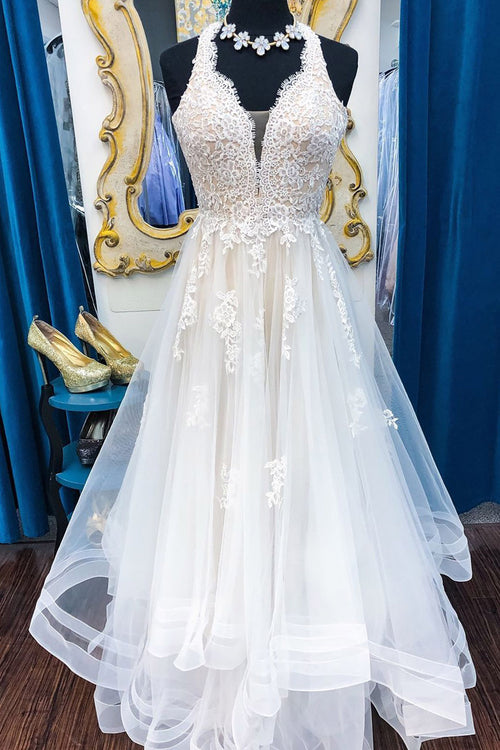 Long A-line Short Sleeves Ivory Wedding Dress with Lace Top