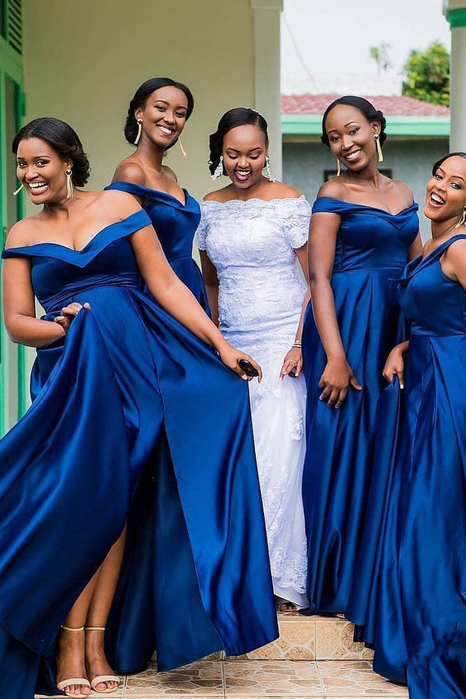 royal blue off the shoulder bridesmaid dress