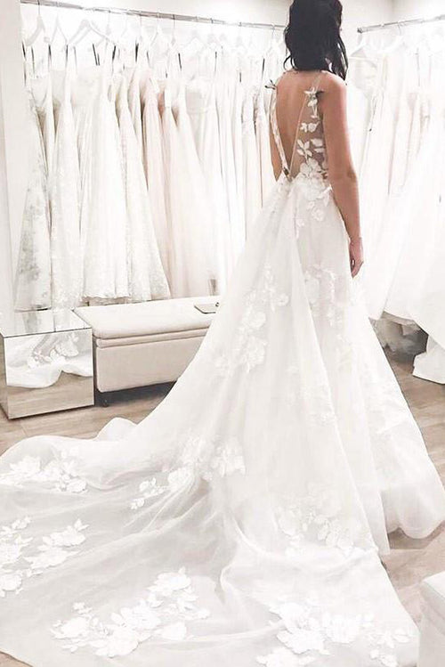 Long Simple V-Neck Empire White Wedding Dress