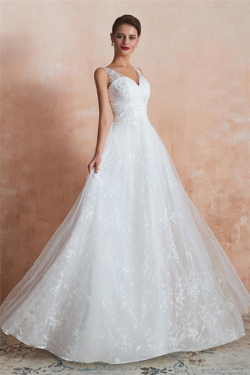 Long Simple V-Neck Empire White Wedding Dress