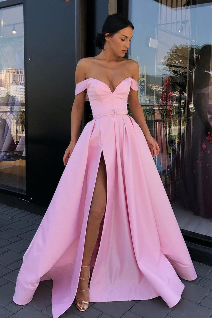 Side Slit Off the Shoulder Pink Long Prom Dress with Belt – FancyVestido